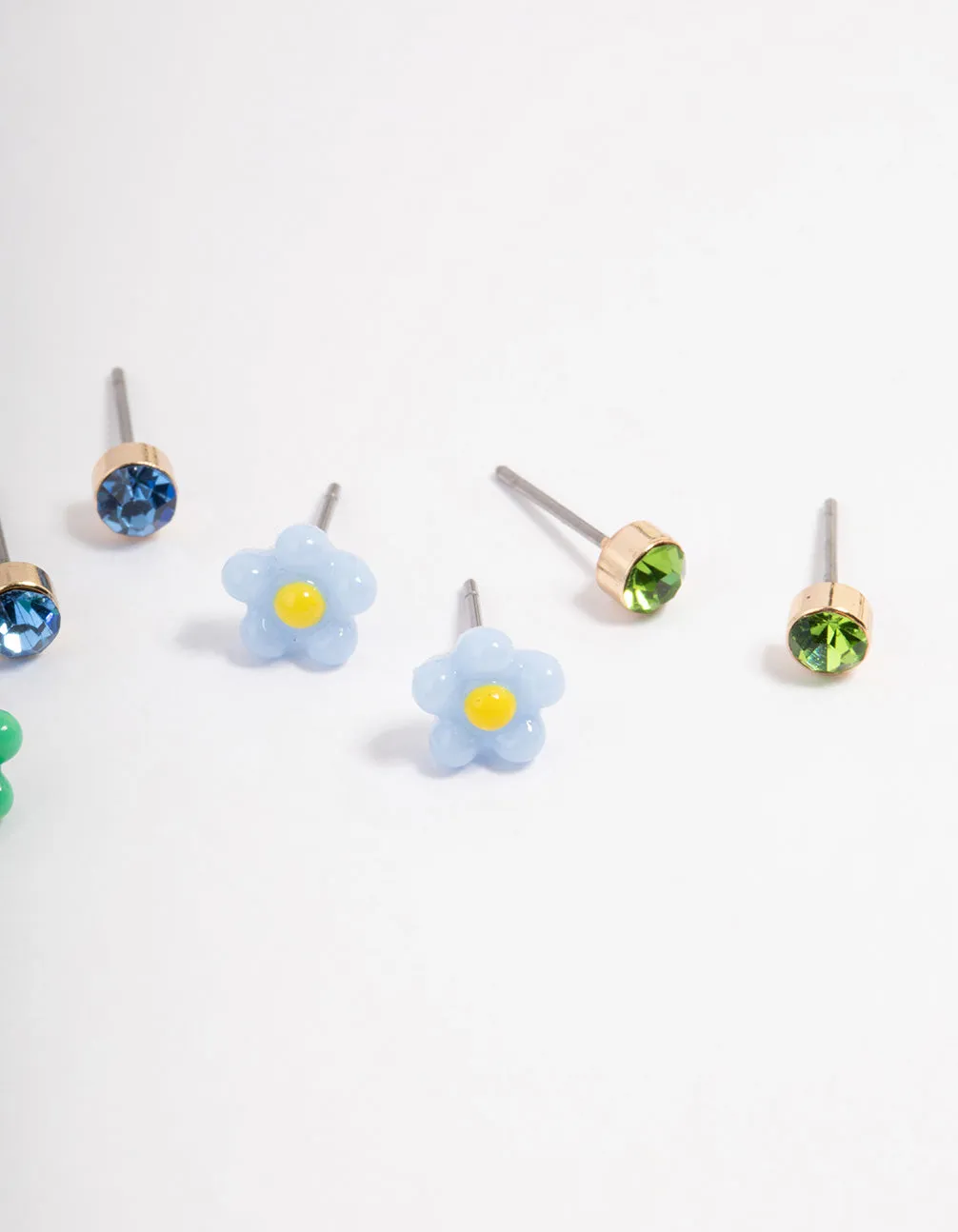 Green & Blue Flower Stud Earrings 4-Pack