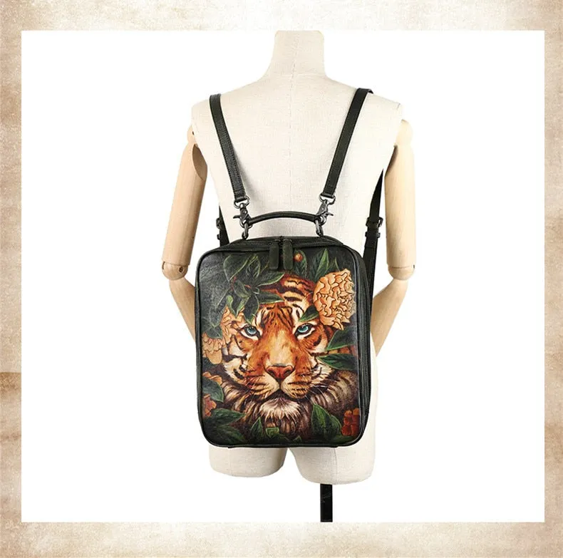 Hand Painted Retro Casual Leather Women Large Capacity Cowhide Computer Schoolbag Backpacks