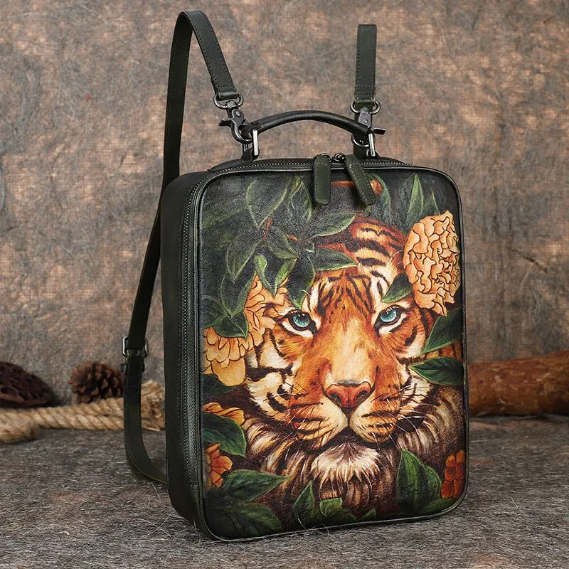 Hand Painted Retro Casual Leather Women Large Capacity Cowhide Computer Schoolbag Backpacks