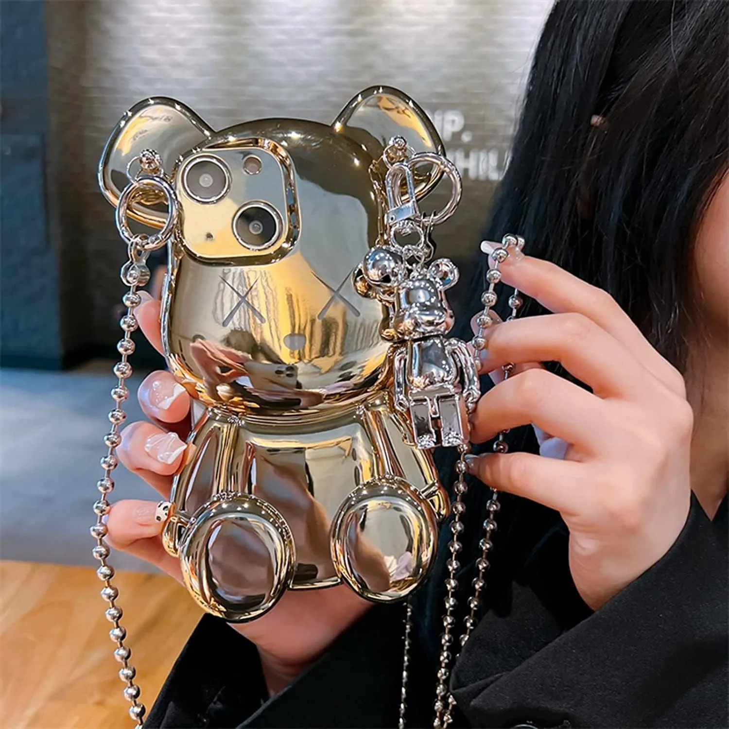 iPhone 15 Plus 6.7'', 3D Cartoon case Gold Teddy Bear Sparkle Bling Cover