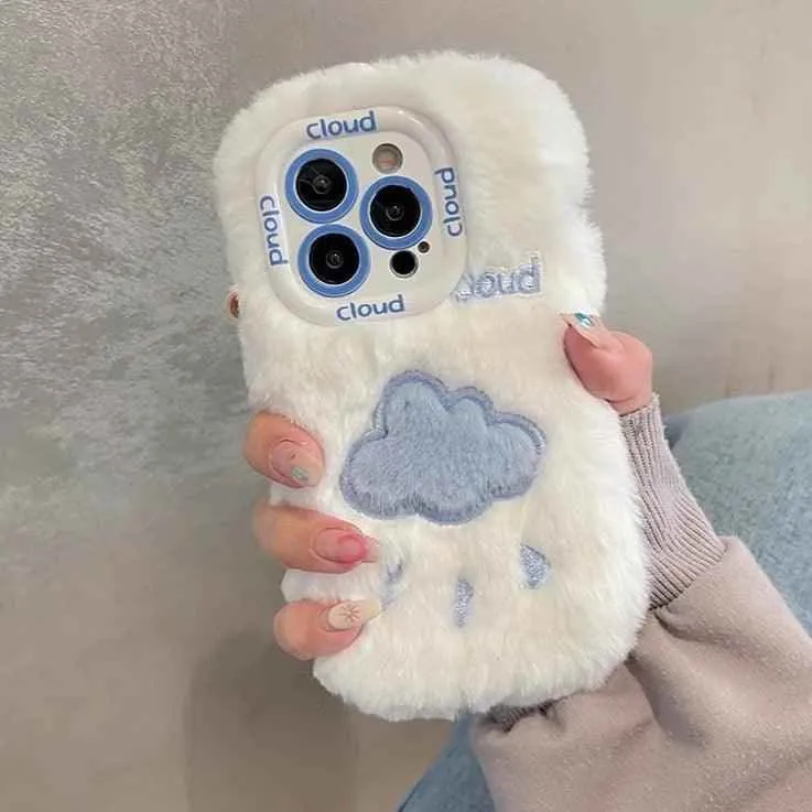 Lovely White Blue Clouds Plush Cute Phone Case for iPhone 11-15 Pro Max and 15 Plus