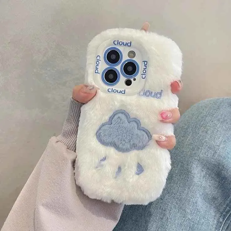 Lovely White Blue Clouds Plush Cute Phone Case for iPhone 11-15 Pro Max and 15 Plus