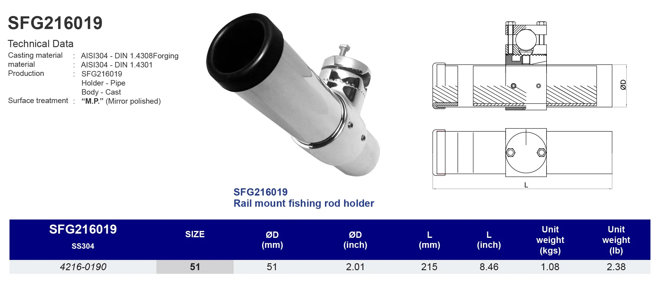 SFG216019 Rail mount fishing rod holder - 316