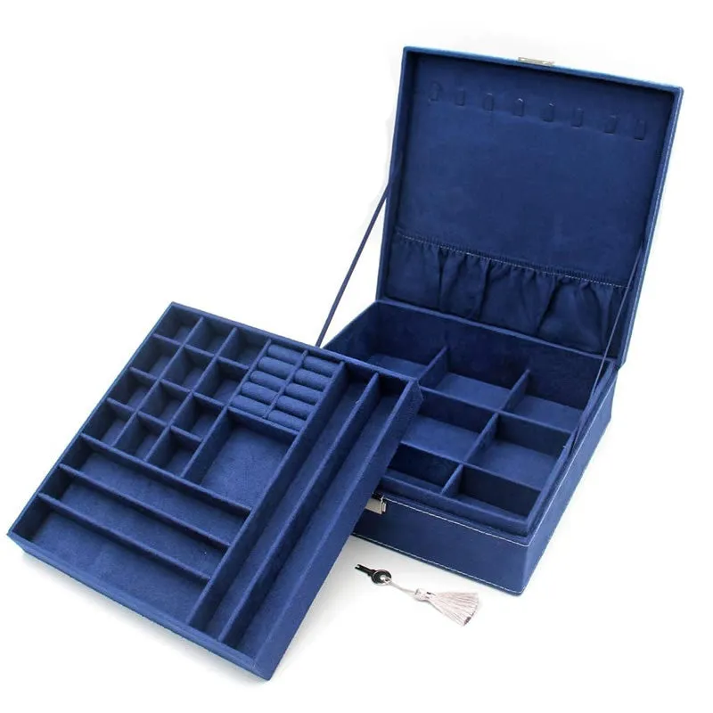 Two-Layer Jewelry Box Organizer Case With Lock -Blss0003 Dark Blue