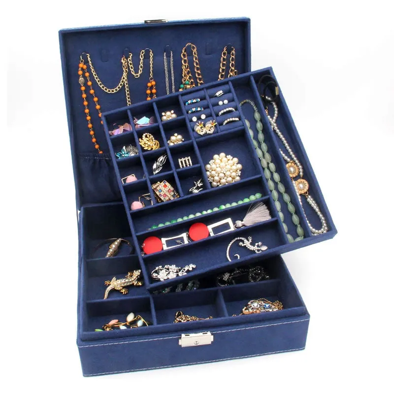 Two-Layer Jewelry Box Organizer Case With Lock -Blss0003 Dark Blue