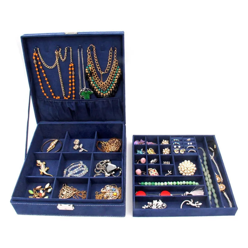 Two-Layer Jewelry Box Organizer Case With Lock -Blss0003 Dark Blue